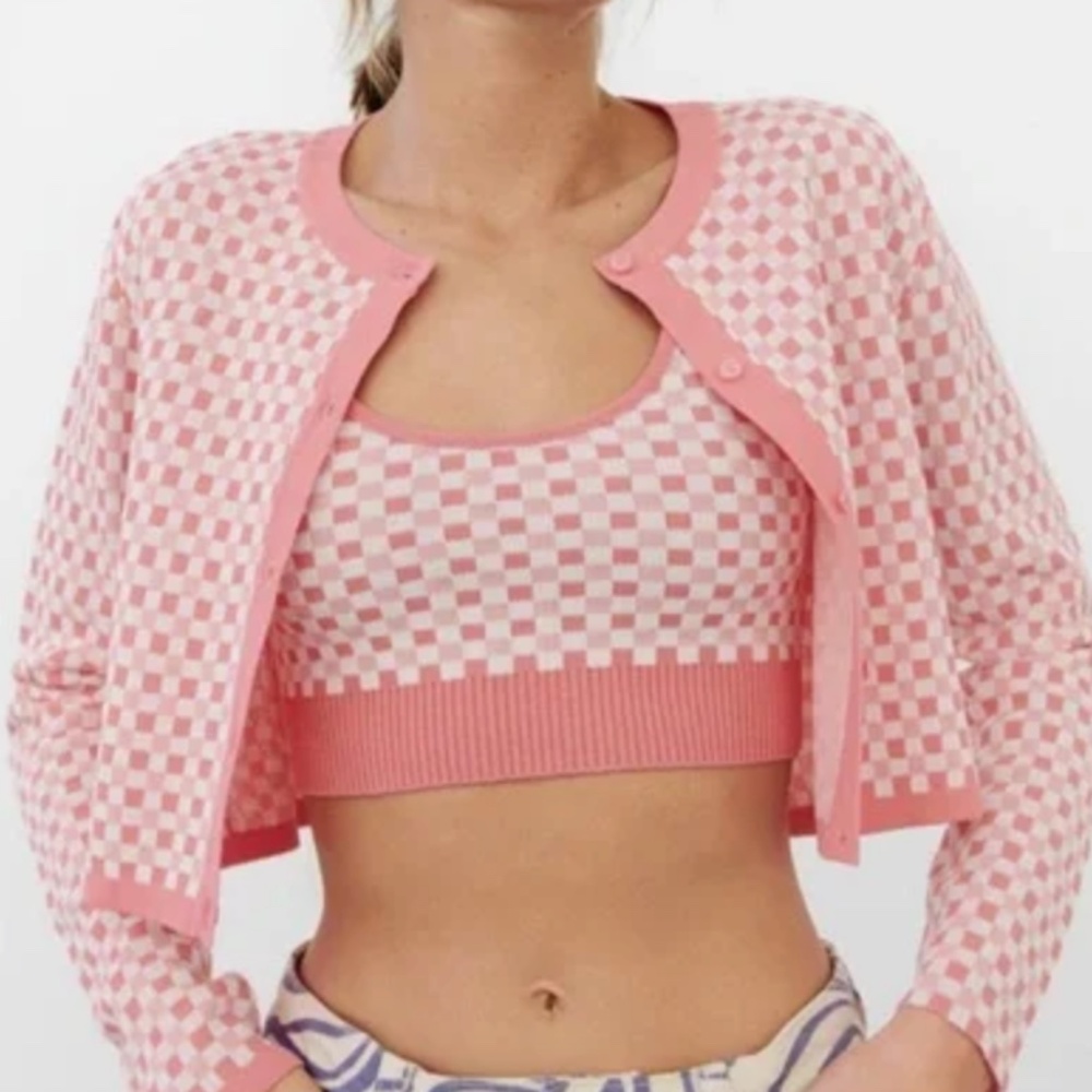 Zara Matching Sweater Set - pink gingham tank and cardigan set - size small